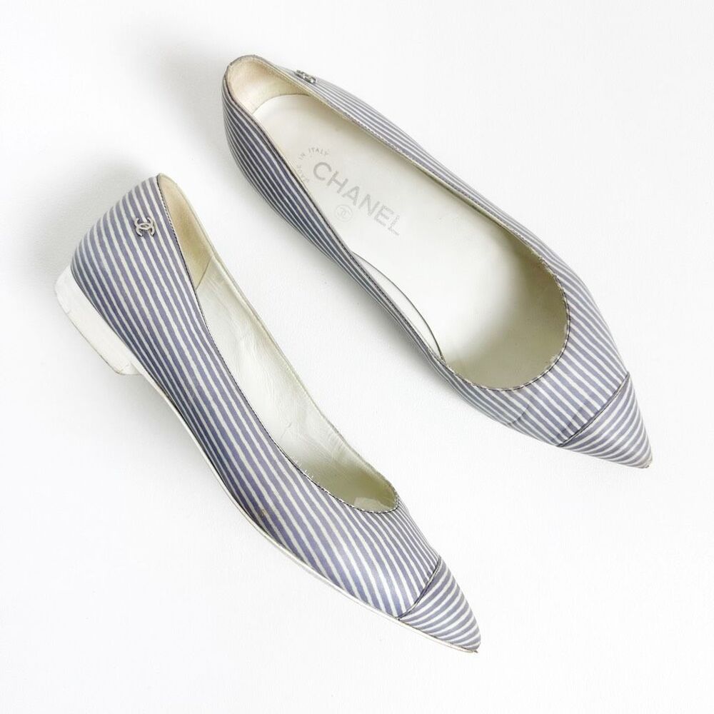 CHANEL Striped Flats in Blue and White
